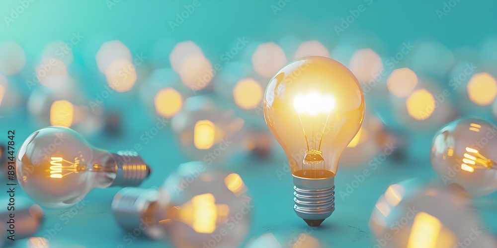 Poster a glowing light bulb surrounded by multiple white bulbs on a simple background, symbolizing innovati