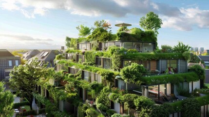 Fototapeta premium A residential building with green eco-roof covered in vegetation, promoting energy efficiency