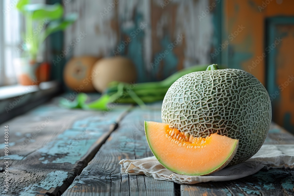 Poster fresh cantaloupe on rustic table with slice and background melons