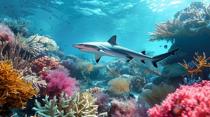 Fototapeta premium A reef shark swimming among colorful coral reefs in a tropical marine environment