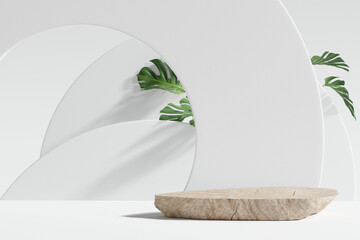 Wooden product display podium stand with monstera leaves on white background. 3D rendering