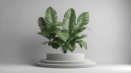 green leafy podium for product presentation, gray background