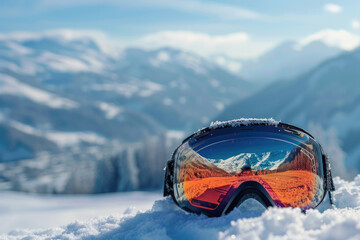 Closeup of ski goggles on snowcovered mountain