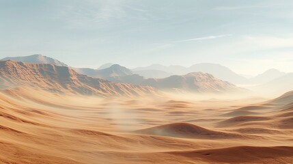 a sandy desert with mountains in the background