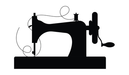 Vintage sewing machine Silhouette. Black solid shape of manual sew machine with with a thin elegant thread. Isolated vector illustration