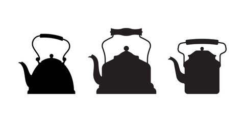 Antique Copper Teapot. Vintage Kettle with handle, in black silhouette. A set three different shapes of tea pot.  Kitchen utensils for design, stencil, decoration. Simple, clear vector illustration