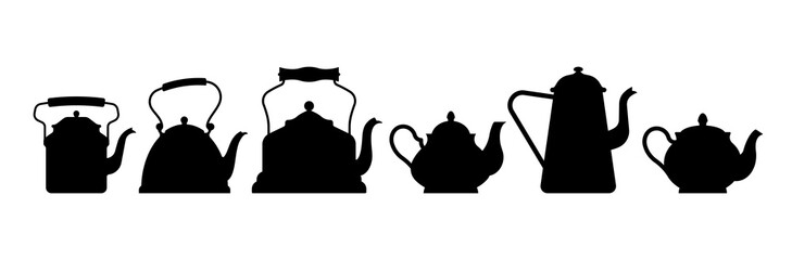 Obraz premium Teapot set. Antique copper and ceramics teapots. Vintage kitchen ware in black silhouette. A set different shapes of tea pot. Items for design, stencil, decoration. Simple and quite vectors