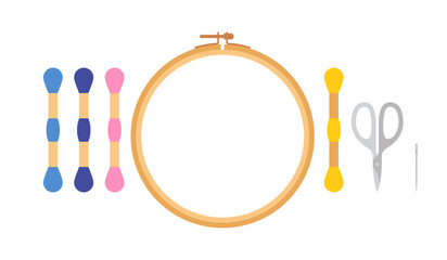 Embroidery essential materials - embroidery frame, threads, needle, scissors. Set of a stitching craft related illustrations. Minimalist vector illustration. Clean simple style. Isolated on white. © Atlas Illustrations