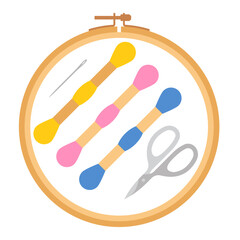 Embroidery frame, threads, needle, scissors. Set of a stitching craft related illustrations. Minimalist vector illustration. Clean simple style. Isolated on white.