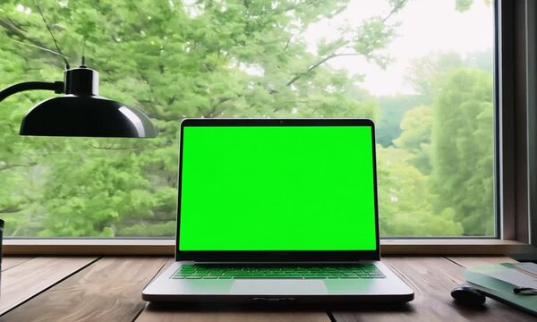 A static shot of a laptop with a green screen on a desk in a home office. Trees swaying in the wind are visible outside the window. Looped footage. hyper-realistic 4K Video