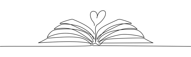 One line heart shape in an opened book. One continuous line drawing of a book in simple linear style. Editable stroke vector icon on transparent background.