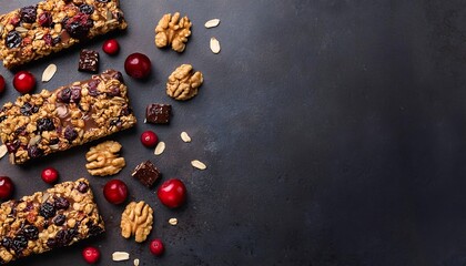 Homemade granola bars, nuts and berries on dark stone table, flat lay. space for text