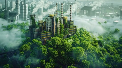 Green industry eco power for sustainable energy environmental friendly low carbon footprint. Green factory industry for good environment ozone air low carbon.