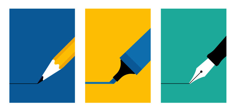 Pen backgrounds - a pencil, highlighter, fountain pen. Set of minimalist vector illustrations with writing instruments. Back to School concept. Simplicity background for poster, banner, cover.