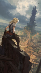 Fototapeta premium Blonde Girl Sitting on Tower