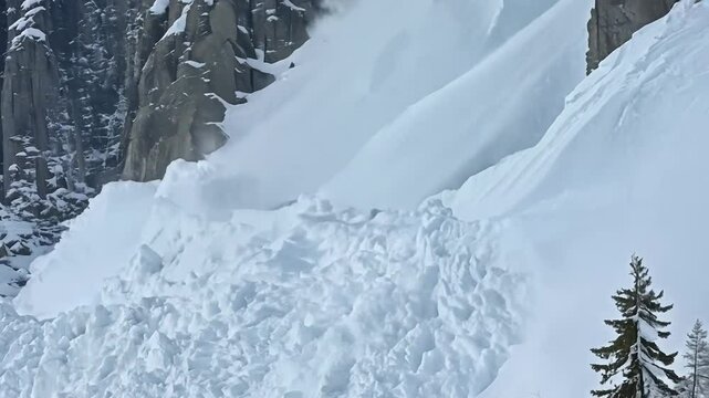 Majestic landscape with -covered cliff avalanche aftermath