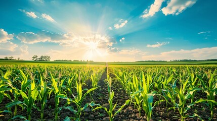 A horizon view of a cornfield with the sky taking up most of the composition, emphasizing simplicity
