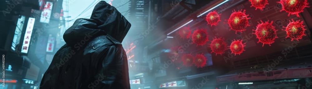 Poster cyberpunk hacker unleashing virus in dark gritty scene with high detail
