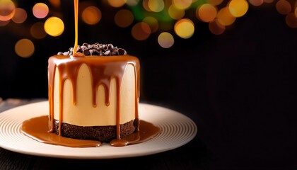 Caramel milk cake with caramel sauce on a boke background