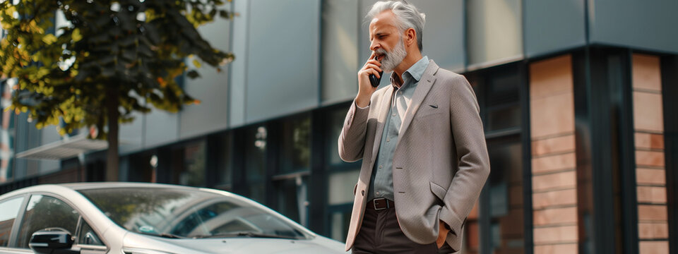 Elderly Man in Grey Suit Talking on Phone Near Car in Urban Setting