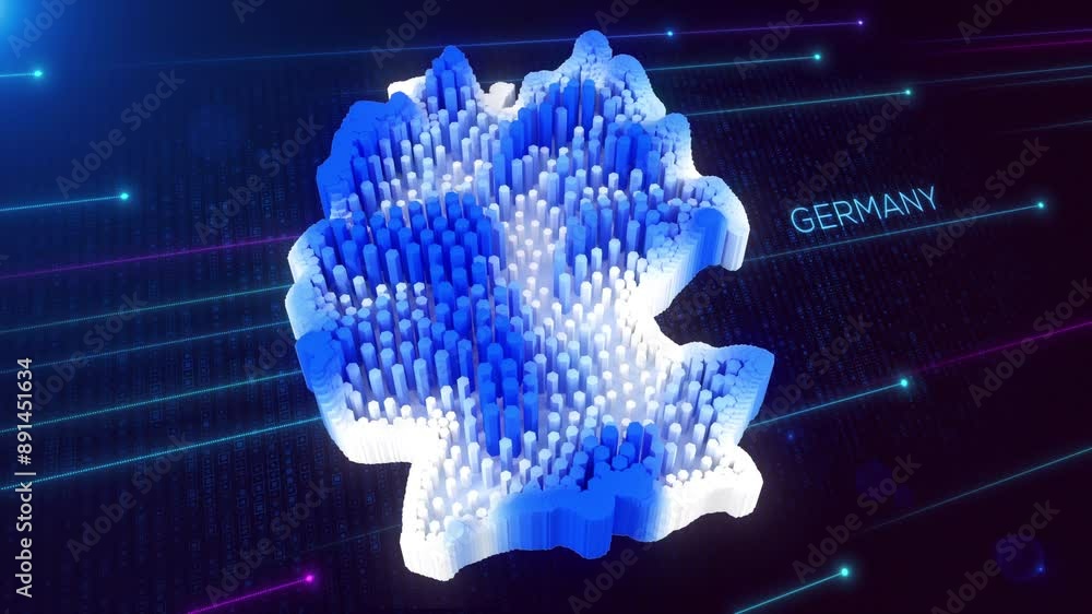 Poster 3d perspective motion view of blue and white dynamic hexagonal prism rippling germany map and text w