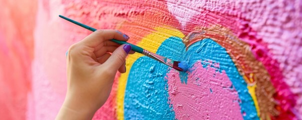 A close-up of a hand painting a vibrant rainbow heart on a textured pink wall, celebrating LGBTQ pride and colorful artistic expression, perfect for themes of love, equality, and creativity.