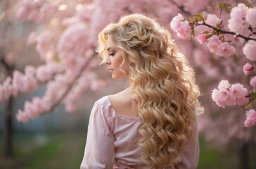 Naklejka premium Rear view of blond woman in pink dress against cherry blossom background