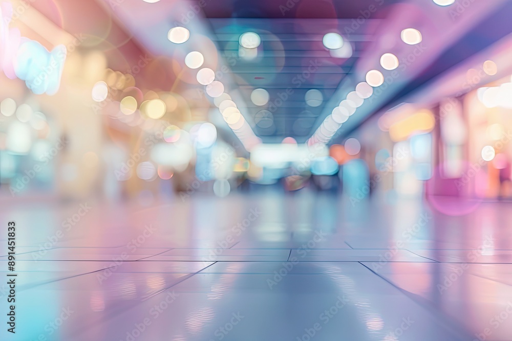 Poster a blurry image of a mall. the image has a dreamy, ethereal quality to it, with the lights and reflec