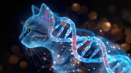 3D cat made of glowing DNA with blurred lights and stars on dark background, hologram effect with volumetric light in high resolution photography