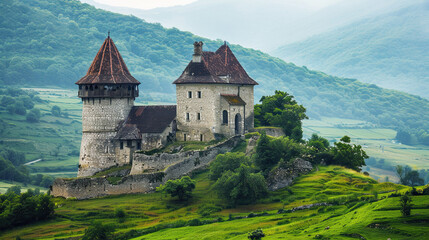 Castle on the Hill with Green Lawns, Scenic Fortress, Historical Landmark, Majestic Castle, Hilltop View, Verdant Lawns, Medieval Architecture, Picturesque Landscape, Historic Building