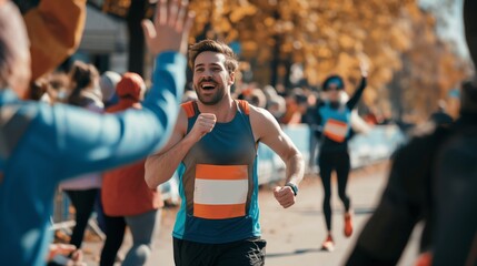 Fototapeta premium Marathon Audience Supporting and Cheering Their Loved Ones Participating in the Race: Athletic Male Marathon Runner Giving a High Five