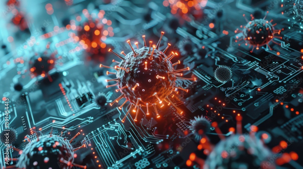 Poster cybernetic defender: futuristic antivirus program combating virus in dynamic high-tech environment
