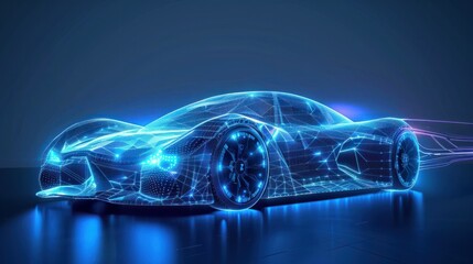 Frontside Futuristic AR car wireframe concept, generative ai, Augmented reality wireframe of car concept with blue background