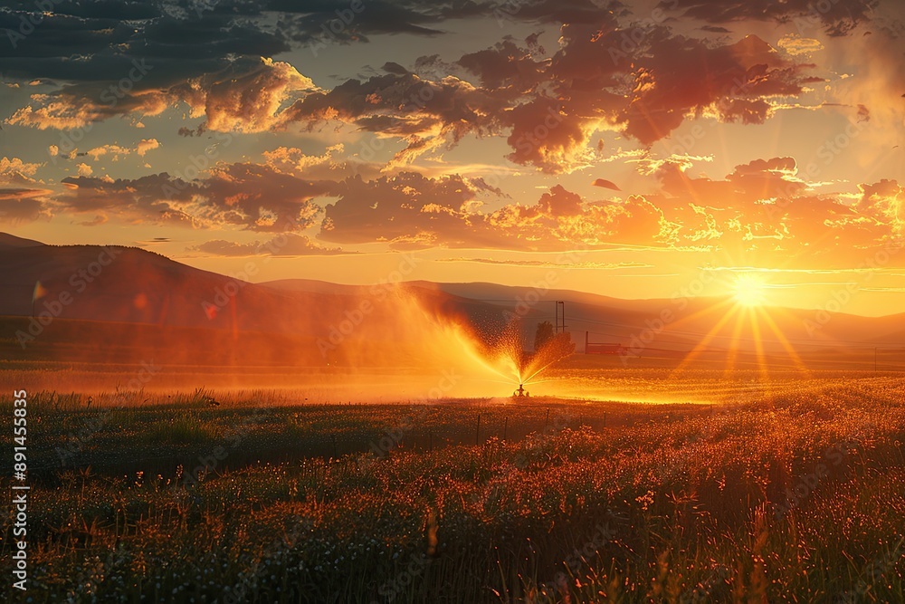 Poster a field of grass with a sprinkler in the middle. the sun is setting and the sky is cloudy