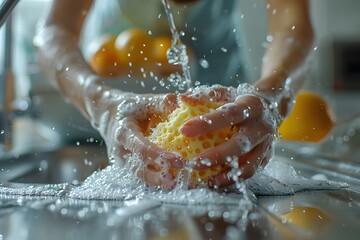 Refreshing Moments: A Close-Up of Hands Washing a Sponge in a Bright Kitchen