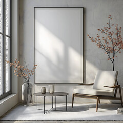 Aesthetic nordic room interior design. Mockup picture frames. Concrete paint and mock up poster on the walls. Copy space. Clean scandi apartment for decoration. Rustic style.