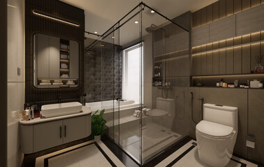 3D Rendering modern master bathroom full scene interior design.	