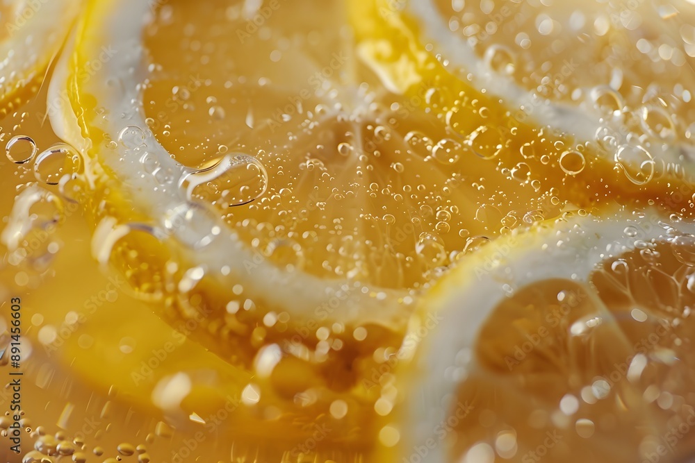 Poster refreshing lemon slices in sparkling bubbles