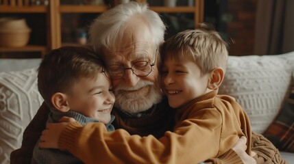 An elderly grandfather is hugged by two young boys, radiating warmth and joy, a beautiful moment captured.