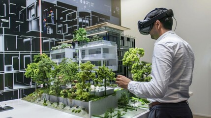 Virtual reality display showing the construction of a sustainable building, engineers manipulating 3D models and digital tools for eco-friendly design