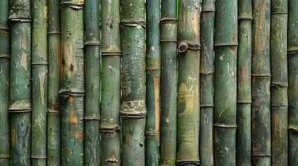 A row of green bamboo sticks. The bamboo is long and thin