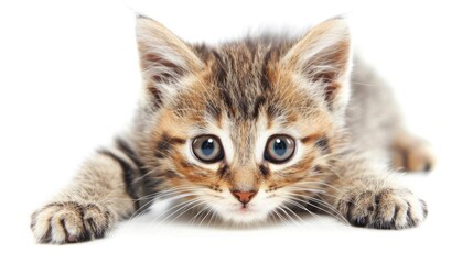 Obraz premium High-resolution portrait of a cute kitten with big eyes and fluffy fur, isolated on white background