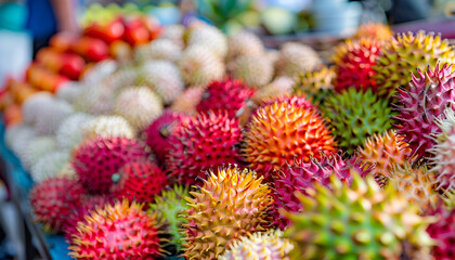Asian exotic fruits. Market stall with variety of organic fruits. Colorful fruits in the marketplace. Bright summer background. Healthy, organic food. Natural nutrition for diet. Fresh rambutan fruit