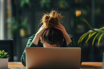 Fatigued employee with head in hands, resignation letter in view, signs of burnout, modern office setting
