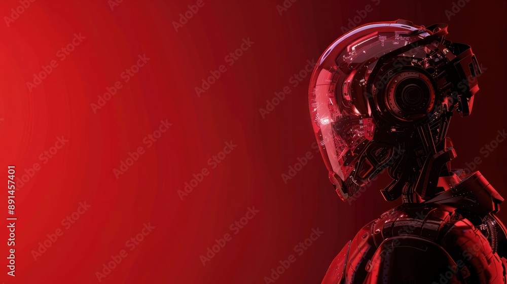 Poster robotic background in dark red color, concept of mecha