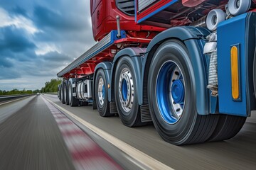 Close-up photo of an industrial truck driving down the highway against a blurred background. A freight transport and global logistics concept.