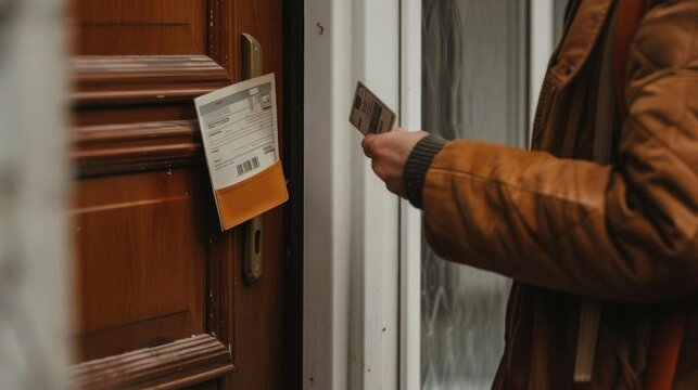 A person looking at a foreclosure notice on their home, holding an empty wallet, with an auction flyer on the door