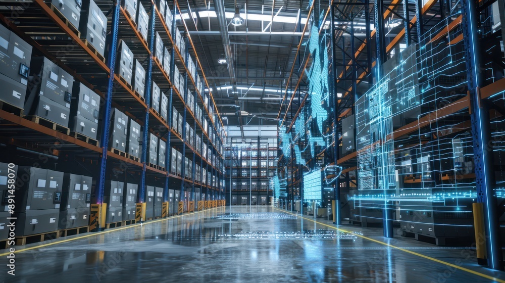 Poster smart warehouse management system, featuring interconnected iot devices that enable a seamless flow 