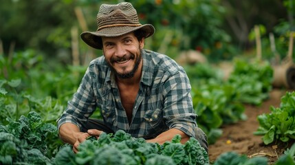 Happy farmer in Asia harvesting fresh vegetables in a lush green garden capturing the essence of traditional agriculture and rural life realistic photo, high resolution , Minimalism,
