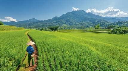 Fototapeta premium Joyful Asian farmer working in a picturesque rice field under clear blue skies highlighting the beauty of rice farming in Southeast Asia realistic photo, high resolution , Minimalism,